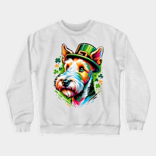 Wire Fox Terrier Dons Leprechaun Hat for St Patrick's Day Crewneck Sweatshirt